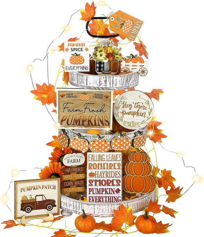 FairySandy 14 Pcs Fall Pumpkin Tiered Tray Decor Thanksgiving Tiered Tray Decorations Set Rustic Farmhouse Pumpkin Truck Spice Blocks Autumn Wooden Sign for Fall Home Table Harvest Holiday (Drinking)