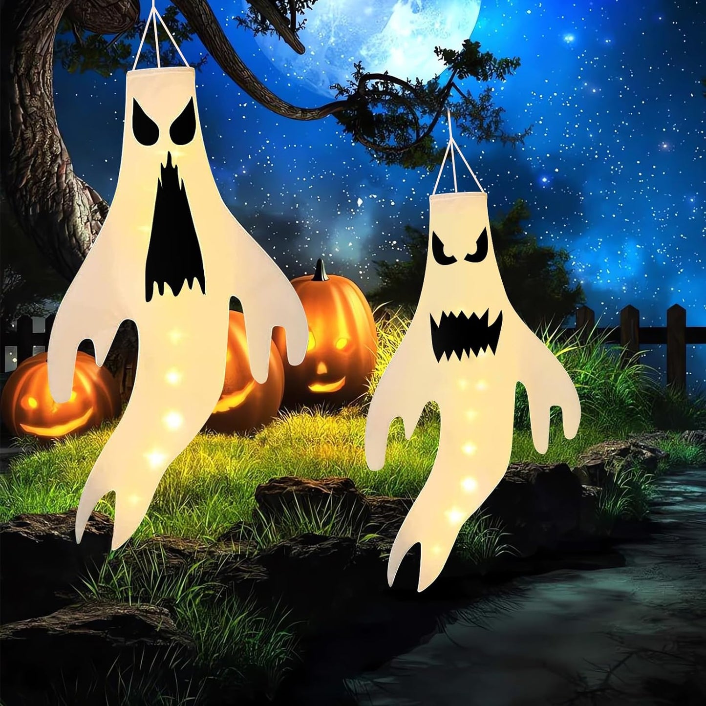 Halloween Decorations WindSock, 5 PCS Witch Hat Hanging Lighted Glowing Ghost with Remote Control, Outdoor Indoor Spooky Ornaments for Yard Tree Garden Halloween Party Favors (5pcs Colorful)