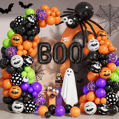 Grcypa Halloween Balloon Garland Arch kit with Spider Balloons Black Orange Purple Fruit Green Confetti Balloons BOO Foil Motifs Balloons for Halloween Theme Birthday Party Backdrops Decorations