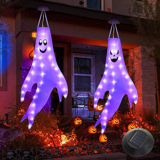 Enhon 2 Pack Halloween Ghost Windsocks, Solar Powered Glowing Halloween Outdoor Hanging Windsocks, 50 Inch Spooky Halloween Light Up Ghost Decorations for Door Window Tree Yard Porch Party, Purple