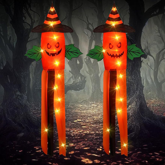 2 Pack Halloween Windsock Flag Halloween Outdoor Decorations with LED Lights Hanging Glowing Witch Hat Windsock Flag Ghost Spooky Wind Socks for Trees Yard Front Door Decor (Pumpkin)