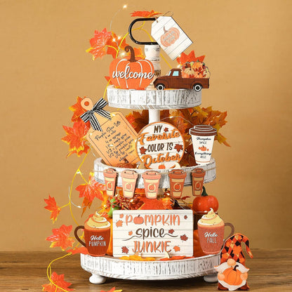 FairySandy 14 Pcs Fall Pumpkin Tiered Tray Decor Thanksgiving Tiered Tray Decorations Set Rustic Farmhouse Pumpkin Truck Spice Blocks Autumn Wooden Sign for Fall Home Table Harvest Holiday (Drinking)