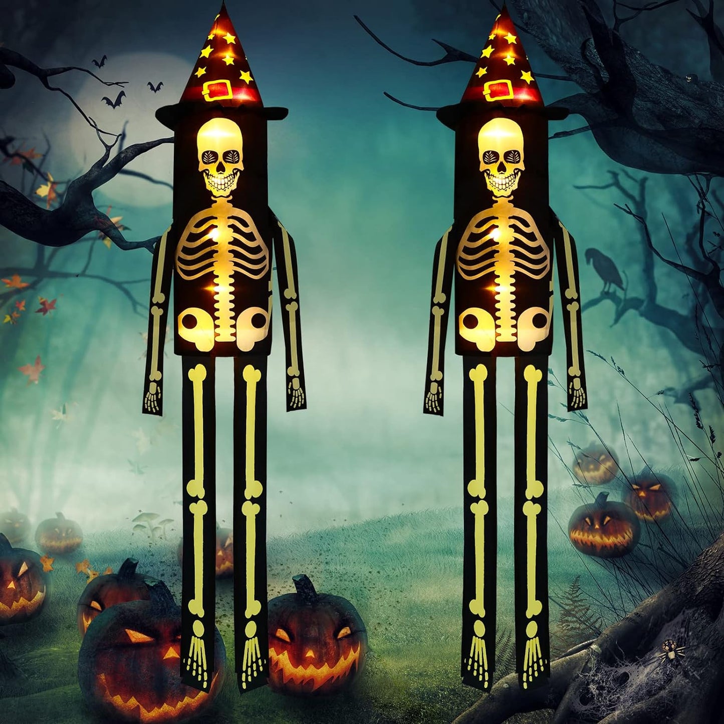 2 Pack Halloween Windsock Flag Halloween Outdoor Decorations with LED Lights Hanging Glowing Witch Hat Windsock Flag Ghost Spooky Wind Socks for Trees Yard Front Door Decor (Pumpkin)