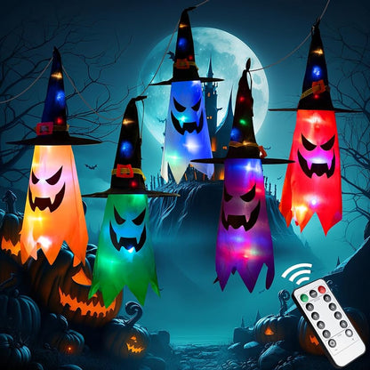 Halloween Decorations WindSock, 5 PCS Witch Hat Hanging Lighted Glowing Ghost with Remote Control, Outdoor Indoor Spooky Ornaments for Yard Tree Garden Halloween Party Favors (5pcs Colorful)