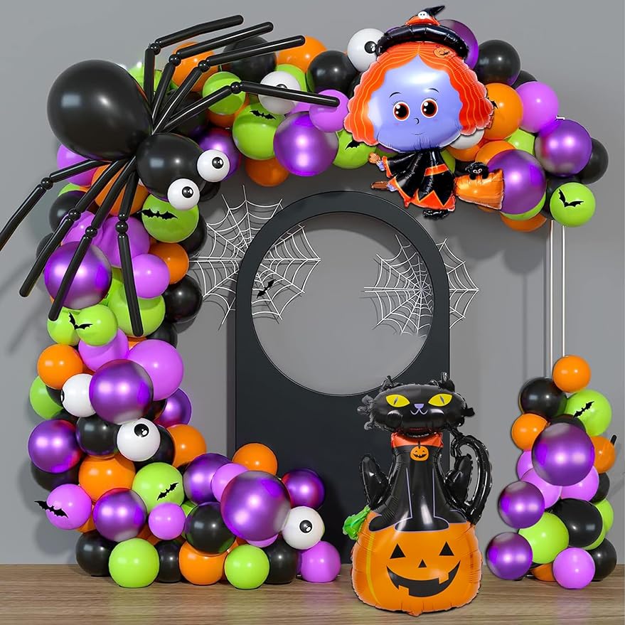 Halloween Balloon Garland Arch Kit, 114Pcs Black Orange Green Purple Balloons / Cat Pumpkin Witch Spider Balloons for Indoor and Outdoor Halloween Party Decorations, Haunted House Theme