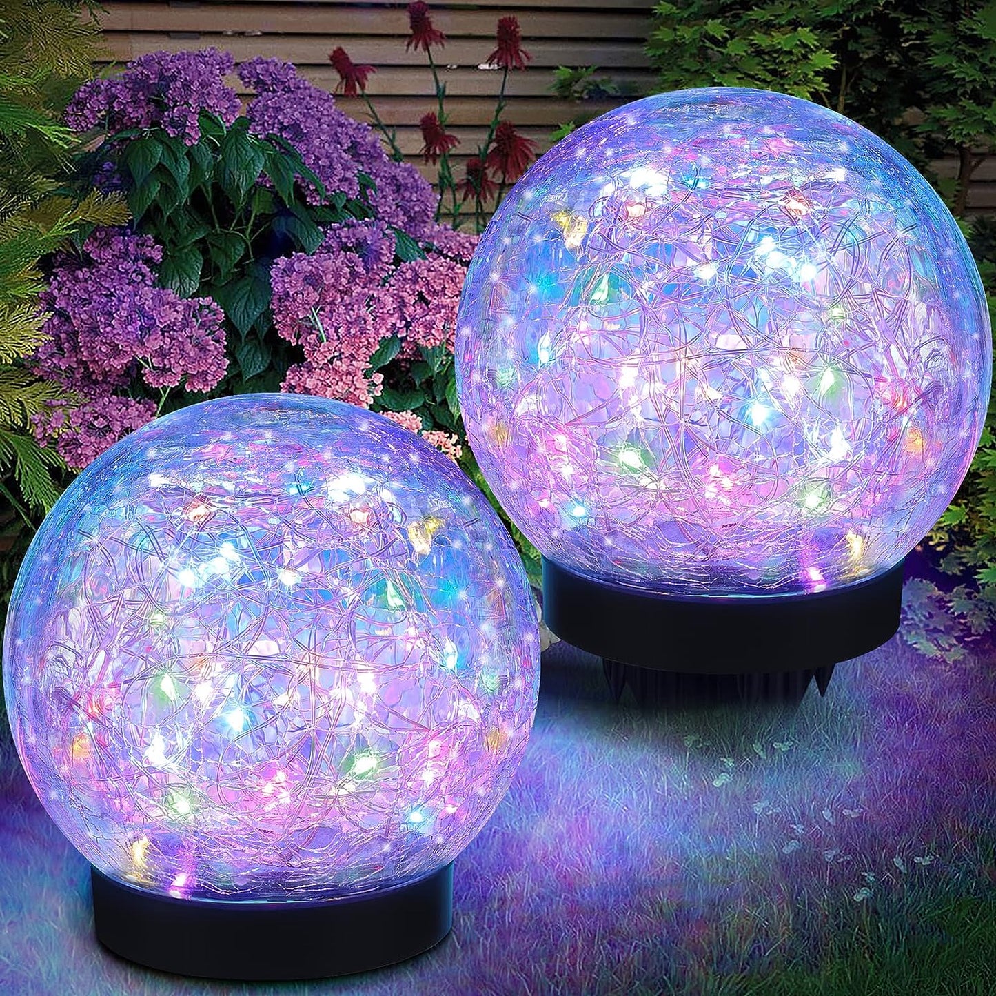 ASOMST 2-Pack Garden Solar Lights Outdoor, Cracked Glass Ball Light Waterproof, Decorative Solar Globe Lights Warm White, LED Solar Powered Ground Lighting for Yard Pathway Patio Lawn Outside Decor