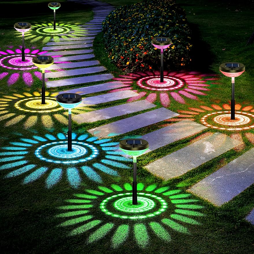 Bright Solar Pathway Lights 6 Pack,Color Changing+Warm White LED Outdoor IP67 Waterproof Path Lights,Solar Powered Garden Lights for Walkway Yard Backyard Lawn Landscape Decorative