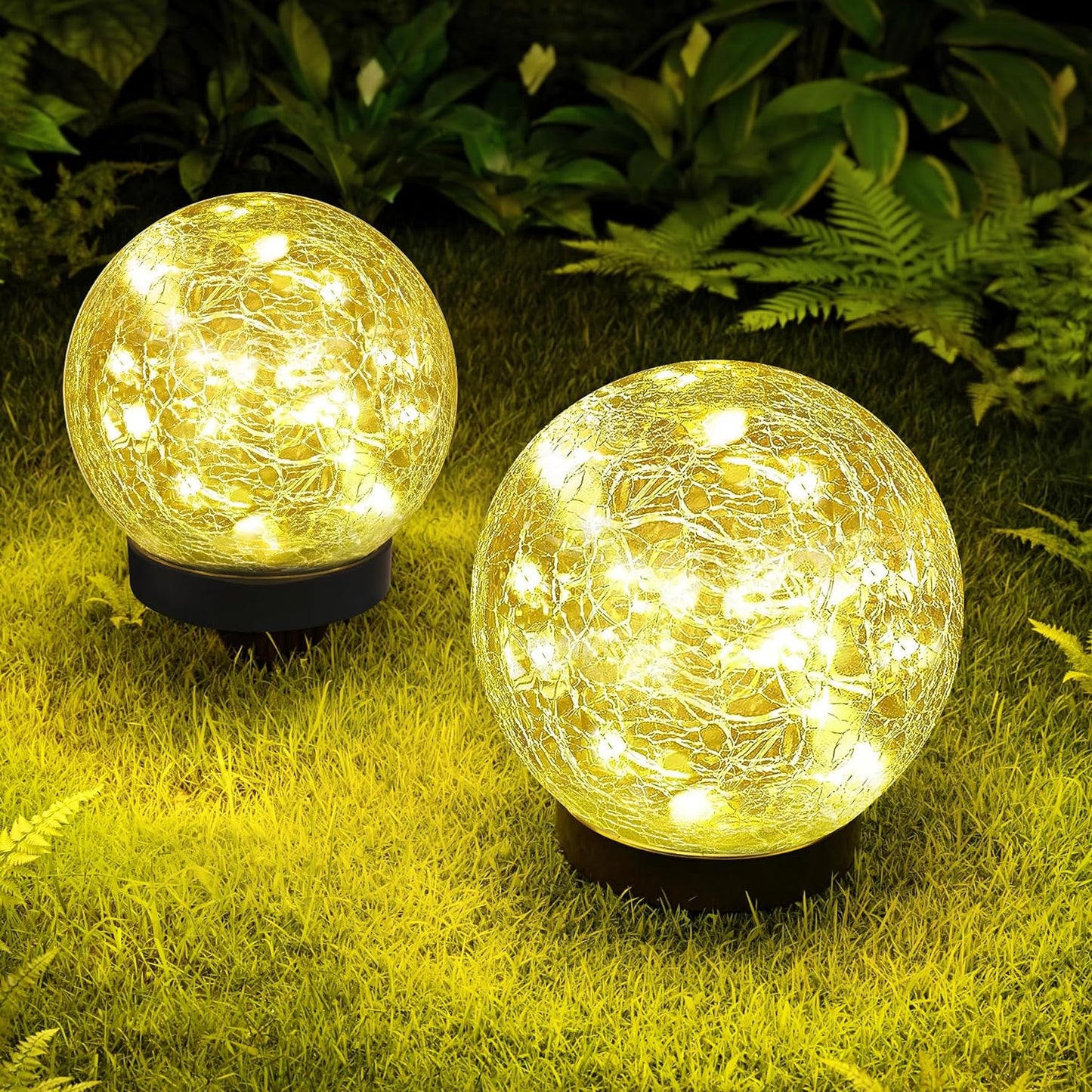 ASOMST 2-Pack Garden Solar Lights Outdoor, Cracked Glass Ball Light Waterproof, Decorative Solar Globe Lights Warm White, LED Solar Powered Ground Lighting for Yard Pathway Patio Lawn Outside Decor